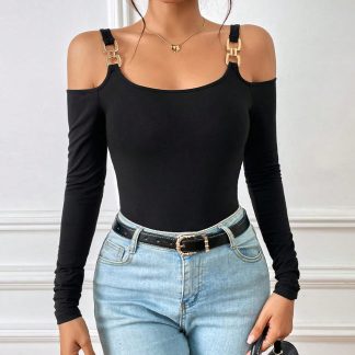 Black Buckle Strap Cold Shoulder Top